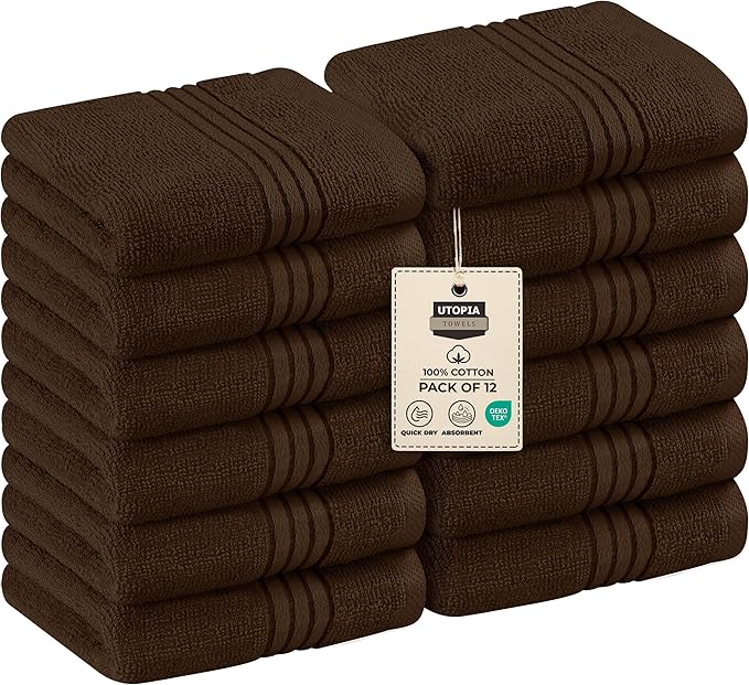 Utopia Towels 12 Pack Premium Wash Cloths Set, 12 by 12 Inches, 100% Cotton Ring Spun, Highly Absorbent and Soft Feel Washcloths for Bathroom, Spa, Gym, and Face, Dark Brown