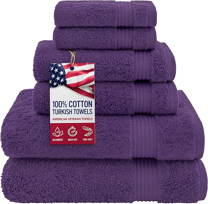 American Veteran Towel, 100% Cotton Turkish 6 Piece Towel Set, Luxury Towels Set of 6 for Bathroom Essentials, 2 Bath Towels 2 Hand Towels 2 Washcloths, Purple