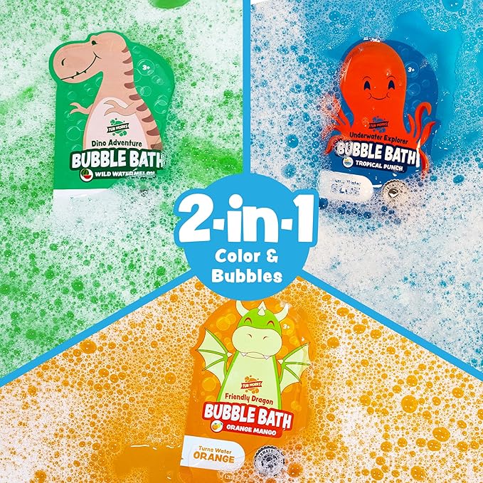 Tub Works® Magical Kids Bubble Bath, Variety 12 Pack | Creates Colorful Water & Tons of Bath Bubbles | Nontoxic | Character-Themed Bubble Bath for Kids | Green, Blue & Orange Bath Colors