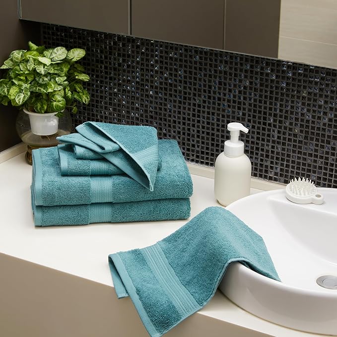 Amazon Basics Fade Resistant Bath, Hand and Washcloth Towel Set, 100% Cotton, Set of 6, 30 x 54 inches, Teal Green
