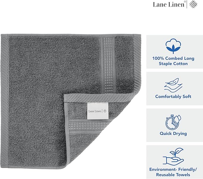 LANE LINEN Pack of 24 Washcloths Set - Spa & Salon Quality - 100% Mercerized Cotton Face Towels - Ring Spun, Very Soft & Absorbent Wash Cloths for Showering - Fingertip Towels - 13"x13", Space Grey