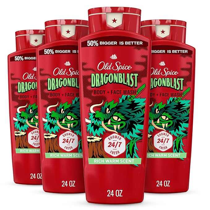 Old Spice Cleansing Body Wash for Men, 3X Defense, 24/7 Shower Fresh with Lasting Scent, 2-in-1 Body & Face Wash, Dragonblast Scent, 24 oz (Pack of 4)
