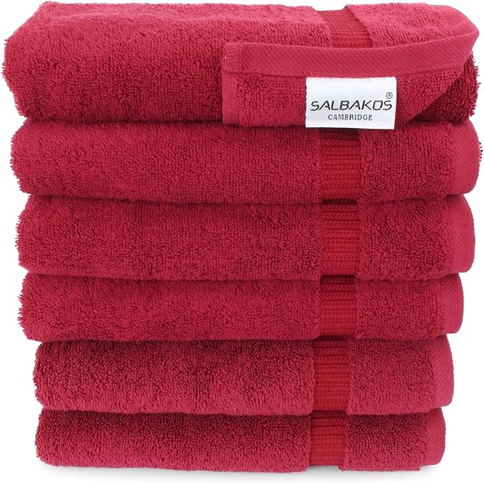 SALBAKOS 100% Turkish Cotton Hand Towel Set of 6 16x30 inch | Heirloom Quality | Hotel & Spa Collection | Ultra Soft, Super Absorbent, Long Lasting Hand Towels | Made in Turkey (Wine, 6 Hand Towels)