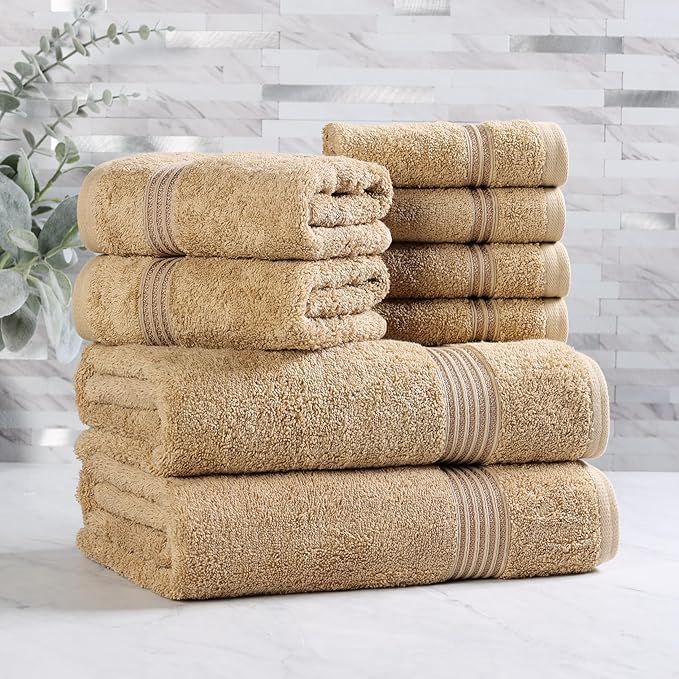 Superior Egyptian Cotton 8-Piece Towel Set, Assorted Towels for Home Bathroom, Guest Bath Decor Essentials, Includes 2 Bath, 4 Hand, 2 Face Towels/Washcloths, Quick Dry, Absorbent, Toast