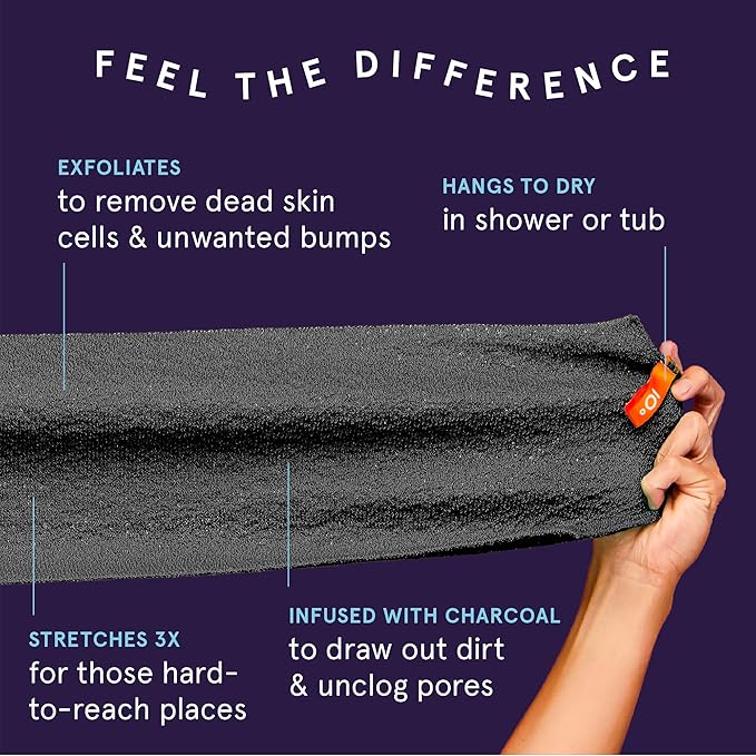 Cleanlogic Body Exfoliating Cloth, Stretchy Detox Charcoal Infused Exfoliator Bath and Shower Washcloths, Reusable Daily Skincare Tool, 3 Count Value Pack
