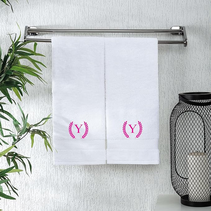 Monogrammed Hand Towels for Bathroom Makeup, Personalized Turkish Cotton Towel with Embroidery, Gift for Weddings, Housewarming, Anniversaries, and Bridal Showers, Set of 2 (Hot Pink, Initial Y)