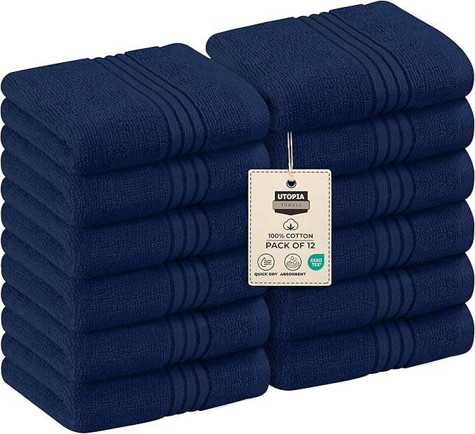 Utopia Towels 12 Pack Premium Wash Cloths Set, 12 by 12 Inches, 100% Cotton Ring Spun, Highly Absorbent and Soft Feel Washcloths for Bathroom, Spa, Gym, and Face, Navy