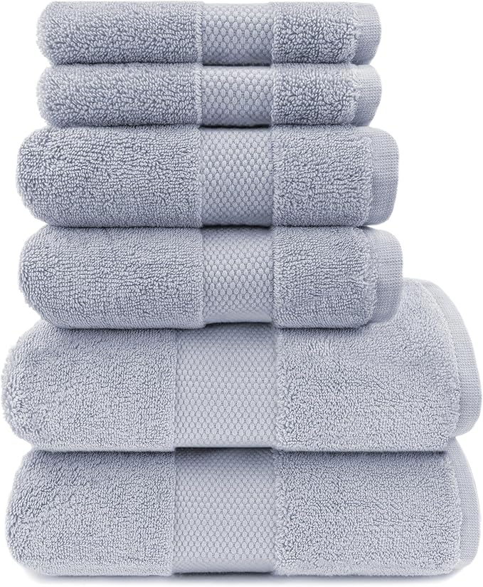 Maisonette Elegance 100% Organic Cotton Turkish Bathroom Towels Set, Soft & Absorbent, Ideal Quick Dry Luxury Large Bath Sheets, Hand Towels & Washcloths for Shower (6 Pack) - Light Gray (Shore)