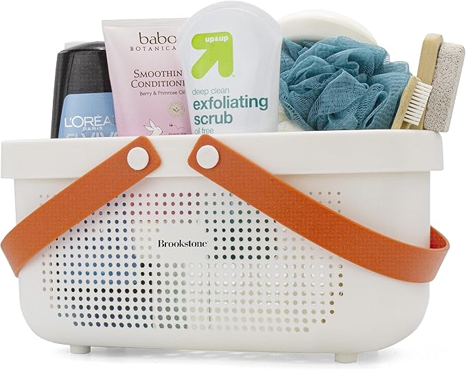 Brookstone BKH1635, Large Portable Shower Caddy with Soft Silicone Carrying Handle, Bathroom Organizer Basket, Plastic Bath Tote, Dries Quickly with Drainage Holes [BPA Free], White