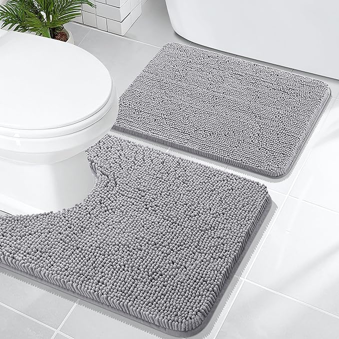 OLANLY Bathroom Rugs Sets 2 Piece, Soft Absorbent Chenille Bath Mats and U-Shaped Contour Toilet Mat Area Rug Set, Machine Washable Bath Carpet, Home Decor Accessories(24"x16"+24"x20", Grey)