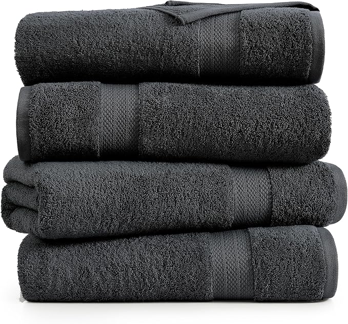 LANE LINEN Bath Towels 4 Pack (28"x54") - 100% Ring Spun Cotton Large Towel Set for Bathroom - Durable, Quick Drying, Soft & Absorbent Large Bath Towel Set - Perfect for Regular use - Black Towels