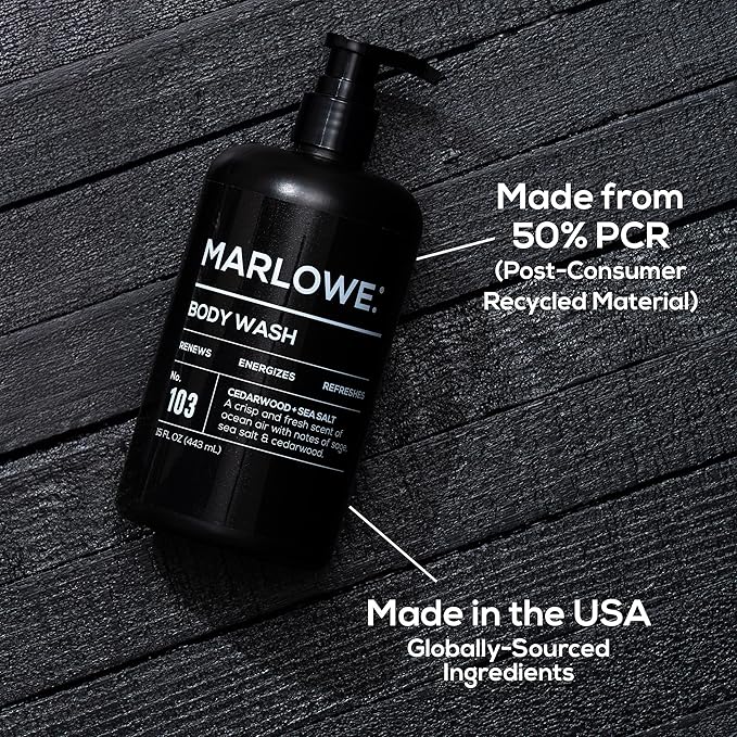 MARLOWE. No. 103 Body Wash 15 oz Pump, Cedarwood + Sea Salt, Energizing & Refreshing Shower Gel, Willow Bark & Green Tea Extracts, Cleanses, Moisturizes, Smooths & Nourishes, Fresh & Zesty Scent
