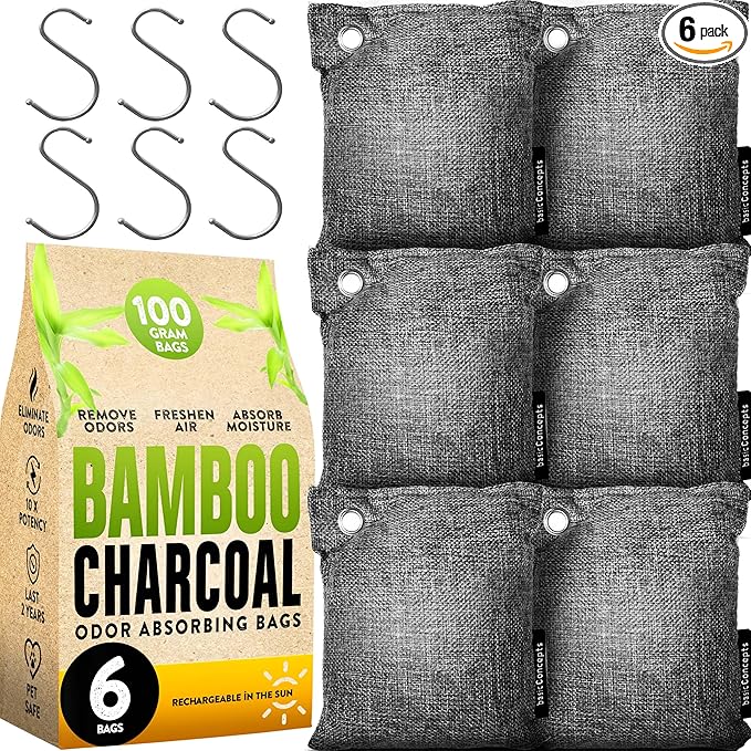 Charcoal Odor Absorber for Strong Odor (6 Pack, 100g each), Bamboo Charcoal Air Purifying Bag, Basement Musty Odor Eliminator Deodorizer, Activated Charcoal Odor Absorber for Closet, Shoe, Car