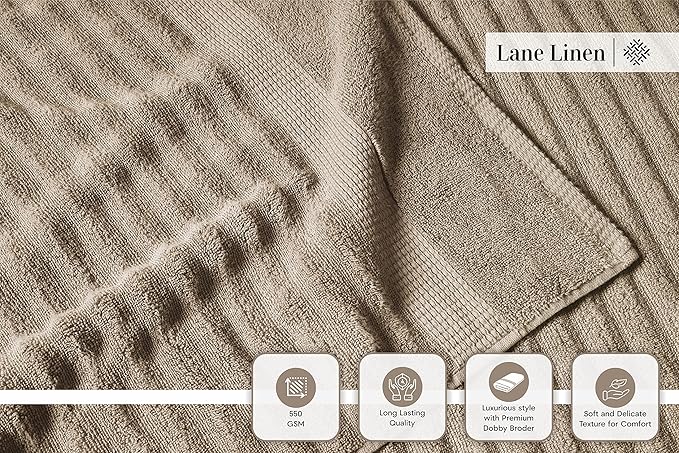 LANE LINEN Bath Towel Set - Soft and Absorbent, Ribbed, 100% Cotton Towels for Bathroom, Hotel, Body & Spa - 2 Bath Towels Large Size, 2 Bathroom Hand Towel and 2 Wash Cloths (6 Piece Set) - Taupe