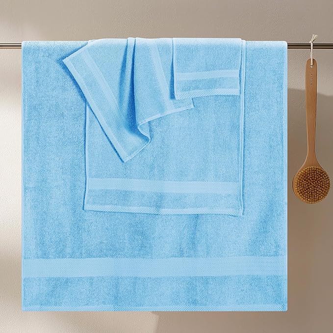 GLAMBURG Ultra Soft 8-Piece Towel Set - 100% Pure Ringspun Cotton, Contains 2 Oversized Bath Towels 27x54, 2 Hand Towels 16x28, 4 Wash Cloths 13x13 - Ideal for Everyday use, Hotel & Spa - Sky Blue