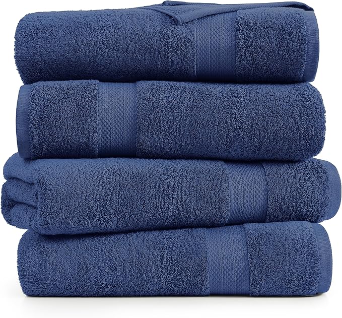 LANE LINEN Bath Towels 4 Pack (28"x54") - 100% Ring Spun Cotton Towels Set for Bathroom - Durable, Quick Dry, Soft & Highly Absorbent Long Lasting Bath Towel Set - Dorm Essentials for Boys - Navy Blue